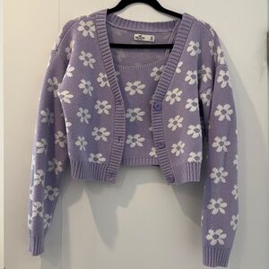 Hollister Lilac Daisy Button-Up Cropped Cardigan and Tank